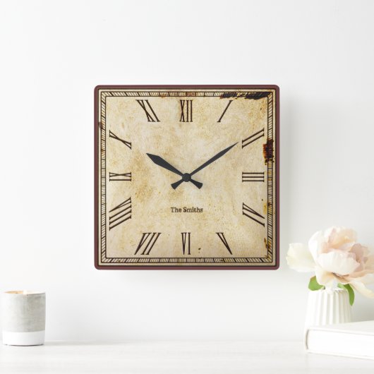 ヴィンテージロ素朴ーマン数字エージドSQクロック顔 スクエア壁時計 (ホーム)