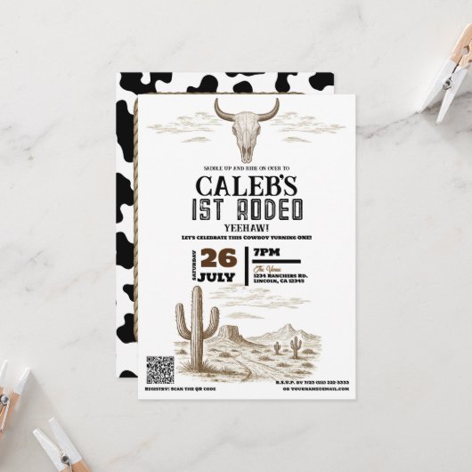 ヴィンテージワイルドウエストウェスタン1stロデオバースデーパーティー 招待状 (正面/裏面インサイチュ)