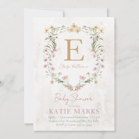 ヴィンテージワイルドフラワーガールベビーシャワー招待状 招待状 (正面)