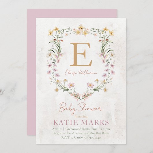 ヴィンテージワイルドフラワーガールベビーシャワー招待状 招待状 (正面/裏面)