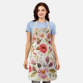 ヴィンテージワイルドフラワークリームフローラルパターンベイカー エプロン (着用した状態)