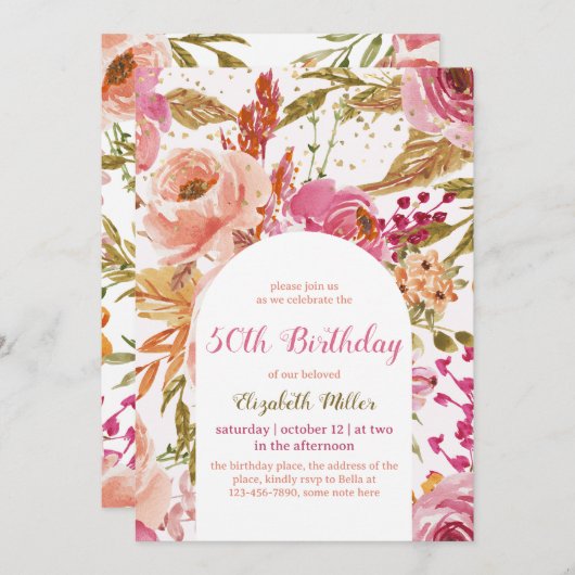 ヴィンテージワイルドフラワーズボタニカル50誕生日 招待状 (正面/裏面)