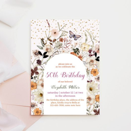 ヴィンテージワイルドフラワーズボタニカル50誕生日 招待状