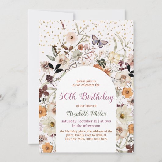 ヴィンテージワイルドフラワーズボタニカル50誕生日 招待状 (正面)