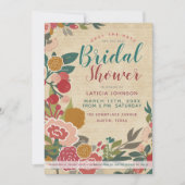 ヴィンテージワイルドフラワーティール(緑がかった色)レッド&ピンクブライダルシャワー 招待状 (正面)