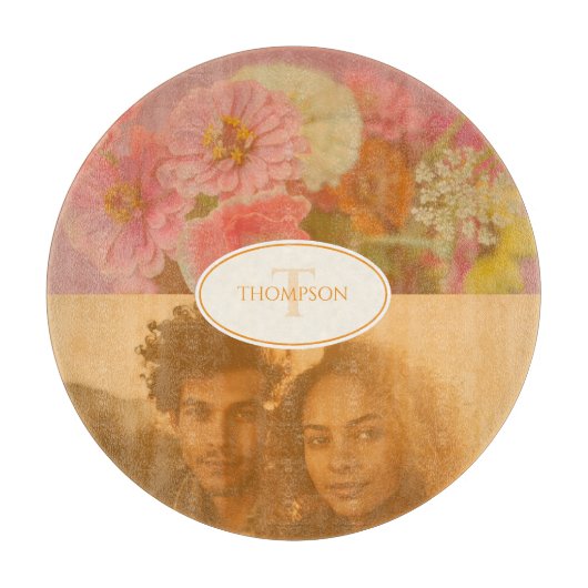 ヴィンテージワイルドフラワーピンクポピー写真モノグラム カッティングボード (正面)