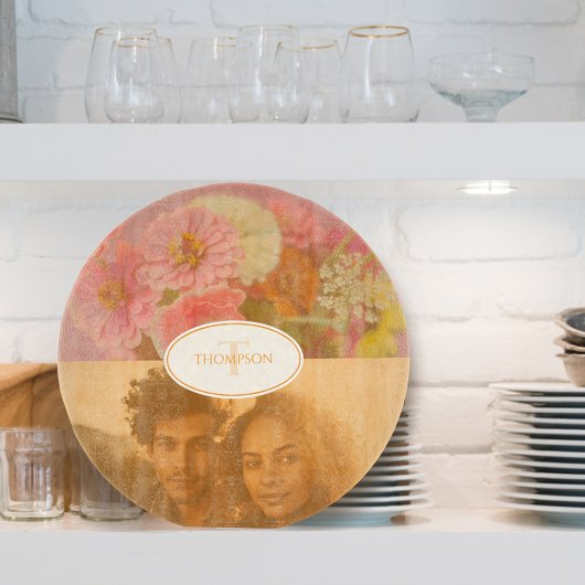 ヴィンテージワイルドフラワーピンクポピー写真モノグラム カッティングボード