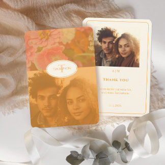 ヴィンテージワイルドフラワーピンクポピー結婚ズモノグラム サンキューカード