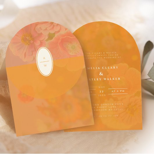 ヴィンテージワイルドフラワーピンクポピー結婚ズモノグラム 招待状