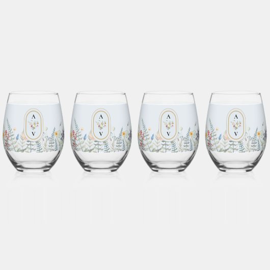 ヴィンテージワイルドフラワーファーンダスティブルーブライダルパーティ ステムなしワイングラス (正面)