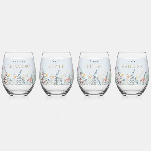 ヴィンテージワイルドフラワーファーンダスティブルーブライダルパーティ ステムなしワイングラス (裏面)