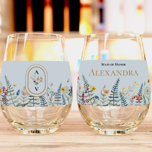 ヴィンテージワイルドフラワーファーンダスティブルーブライダルパーティ ステムなしワイングラス