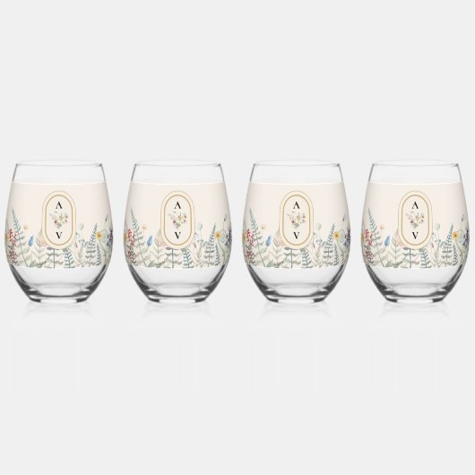 ヴィンテージワイルドフラワーファーンベージュ結婚ズブライダルパーティ ステムなしワイングラス (正面)