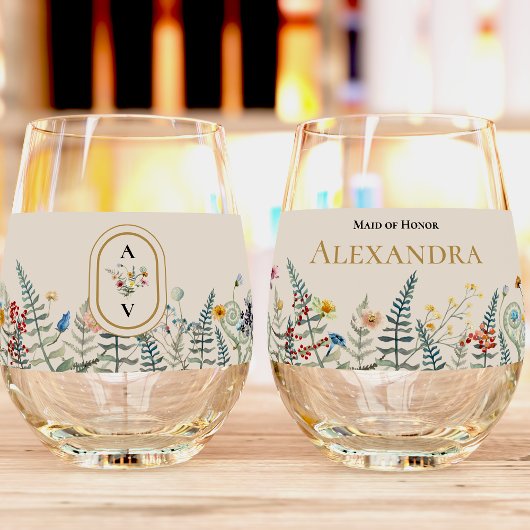 ヴィンテージワイルドフラワーファーンベージュ結婚ズブライダルパーティ ステムなしワイングラス