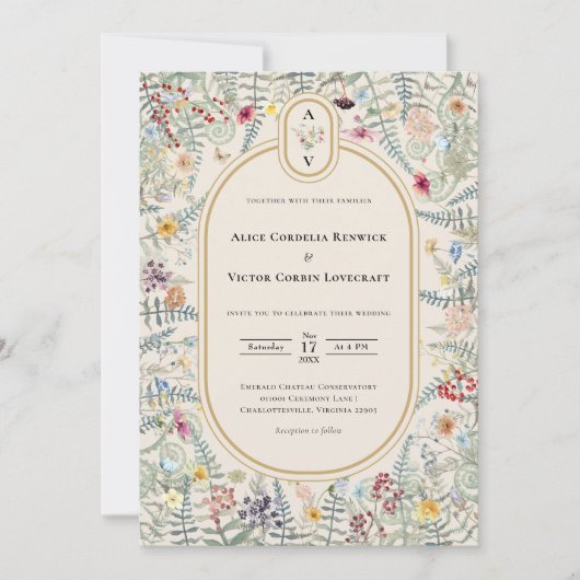 ヴィンテージワイルドフラワーファーンベージュ結婚ズモノグラム 招待状 (正面)