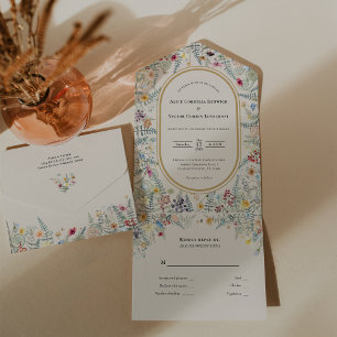 ヴィンテージワイルドフラワーファーンベージュ結婚ズ オールインワン招待状