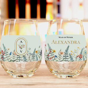 ヴィンテージワイルドフラワーファーンミントグリーンブライダルパーティ ステムなしワイングラス