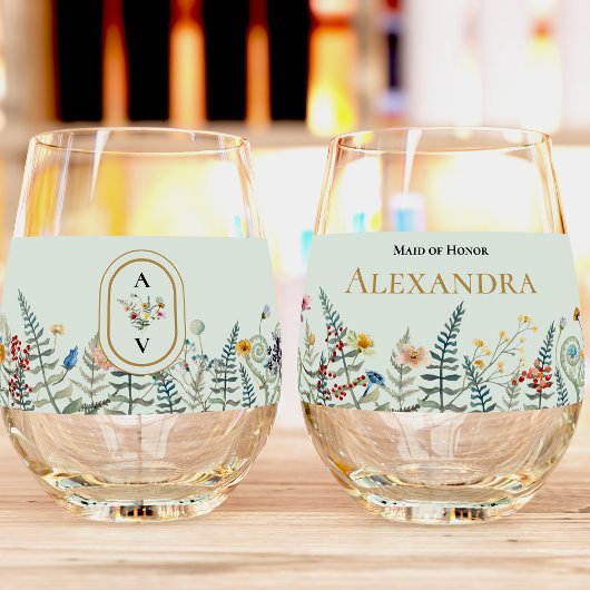 ヴィンテージワイルドフラワーファーンミントグリーンブライダルパーティ ステムなしワイングラス