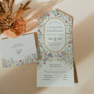 ヴィンテージワイルドフラワーファーンミントグリーン結婚ズ オールインワン招待状