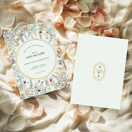 ヴィンテージワイルドフラワーファーンミントグリーン結婚ズ セーブザデート