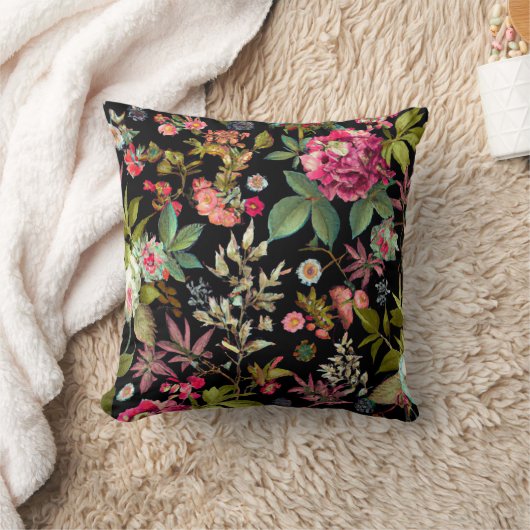 ヴィンテージワイルドフラワーフローラアートブラック装飾用クッション クッション (ブランケット)