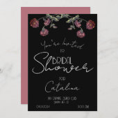 ヴィンテージワイルドフラワーブライダルシャワーブラックバラ金ゴールド 招待状 (正面/裏面)