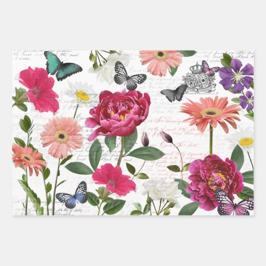 ヴィンテージワイルドフラワー蝶の手書き切り ラッピングペーパーシート (正面2)