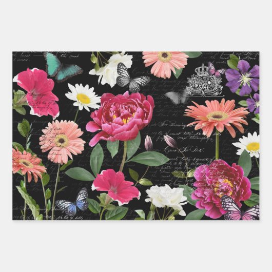 ヴィンテージワイルドフラワー蝶の手書き切り ラッピングペーパーシート (正面)