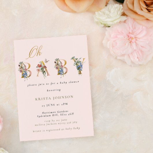 ヴィンテージワイルドフラワー金ゴールドと赤面ベビーシャワー 招待状