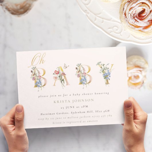 ヴィンテージワイルドフラワー金ゴールドと赤面ベビーシャワーInv 招待状