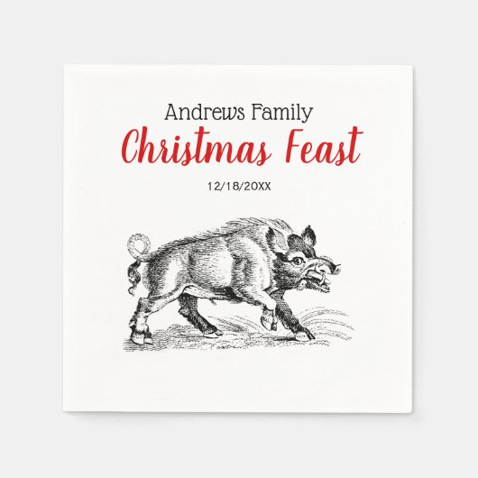 ヴィンテージワイルドボアスケッチBW #2クリスマスクリスマス スタンダードカクテルナプキン (正面)