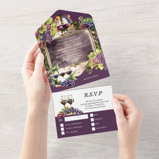 ヴィンテージワインエンブレムフレームブルゴーニュ金ゴールドブドウ オールインワン招待状 (貼ってはがせる)