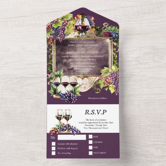 ヴィンテージワインエンブレムフレームブルゴーニュ金ゴールドブドウ オールインワン招待状 (内側)