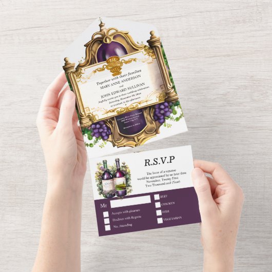 ヴィンテージワインエンブレムフレームブルゴーニュ金ゴールドブドウ オールインワン招待状 (貼ってはがせる)