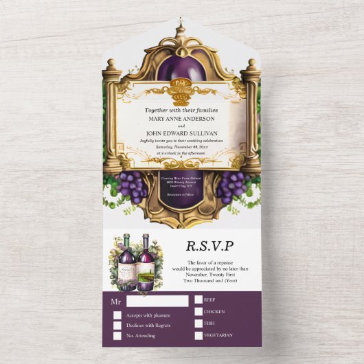 ヴィンテージワインエンブレムフレームブルゴーニュ金ゴールドブドウ オールインワン招待状 (内側)