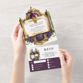 ヴィンテージワインエンブレムフレームブルゴーニュ金ゴールドブドウ オールインワン招待状