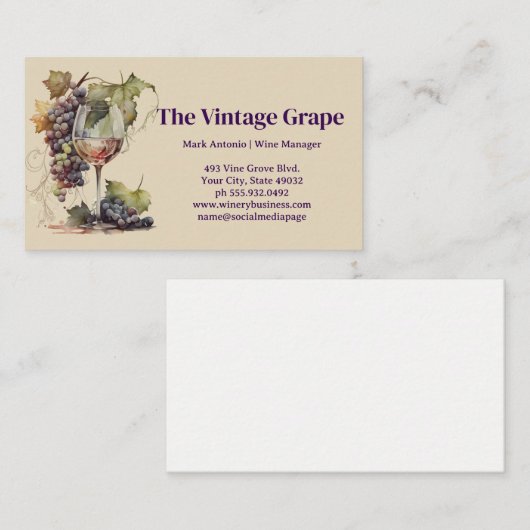 ヴィンテージワイングラスとブドウのつる植物 名刺 (正面/裏面)
