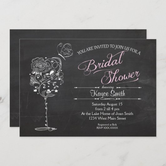 ヴィンテージワイングラスブライダルシャワーインビテーション 招待状 (正面/裏面)