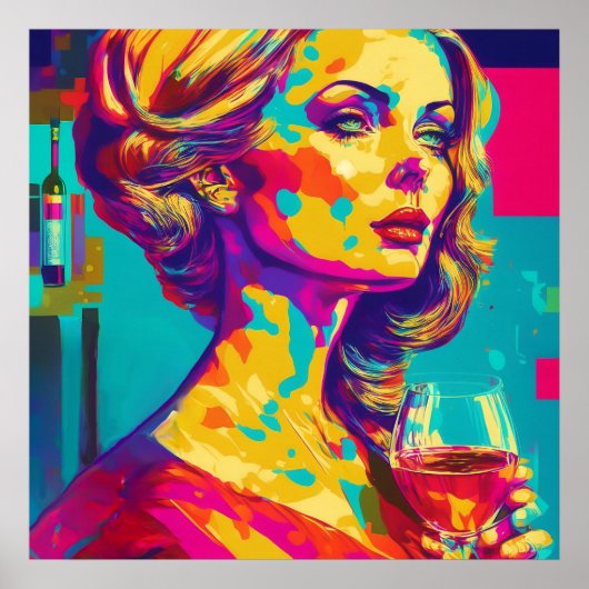 ヴィンテージワイングラス抽象芸術アートを持つ女性 ポスター (正面)