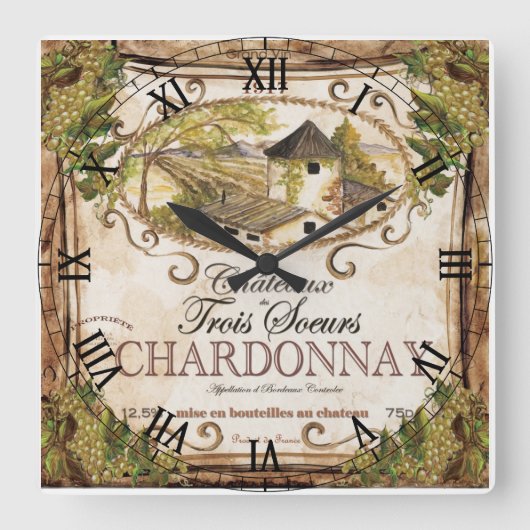 ヴィンテージワインラベルの壁掛け時計 スクエア壁時計 (正面)