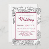 ヴィンテージワインレッドフローラウェディングRSVP招待状 ポストカード (正面/裏面)