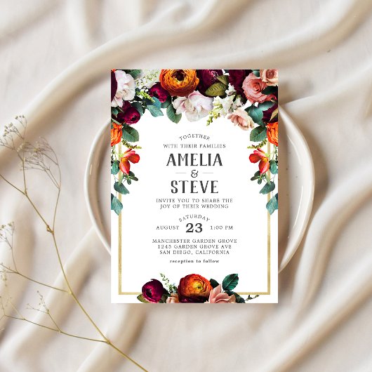 ヴィンテージワイン、赤面&バーントオレンジフローラインビタティ 招待状