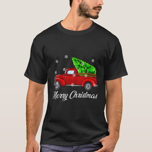 ヴィンテージワゴンクリスマスツリーレッドトラックレトロファーメ Tシャツ (正面)