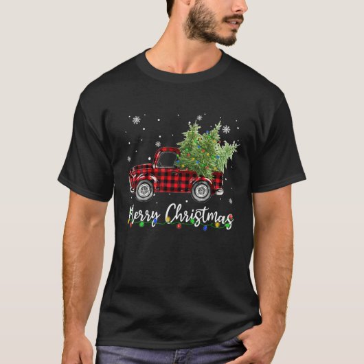 ヴィンテージワゴンクリスマスツリー上のトラック赤バッファロー Tシャツ (正面)