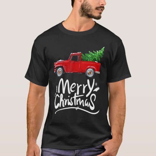 ヴィンテージワゴンレッドトラッククリスマスツリーパジャマ Tシャツ (正面)