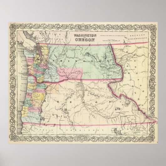 ヴィンテージワシントンとオレゴンの地図（1856年） ポスター (正面)