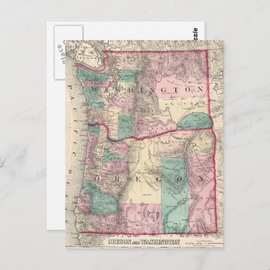 ヴィンテージワシントンとオレゴンの地図(1875年) ポストカード (正面/裏面)