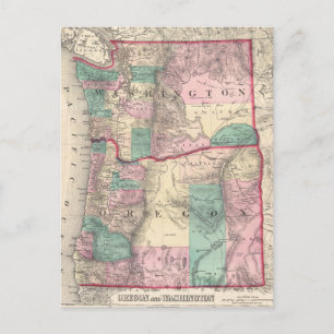 ヴィンテージワシントンとオレゴンの地図(1875年) ポストカード