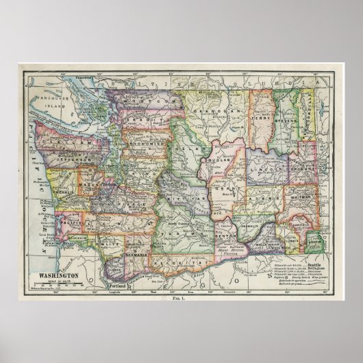 ヴィンテージワシントン州の地図(1914年) ポスター (正面)