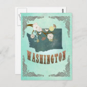 ヴィンテージワシントン州マップ – ターコイズブルー ポストカード (正面/裏面)